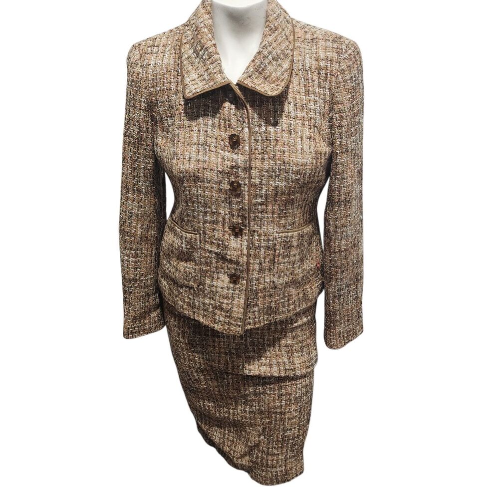 Doncaster Wool Tweed Skirt‎ Suit Size 4 Brown Tan Tailored Jacket Set